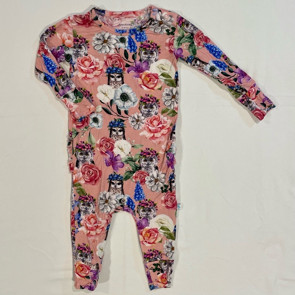 Posh Peanut Convertible Romper Girls 12-18M Dixie Ruffles Bamboo Owls Floral